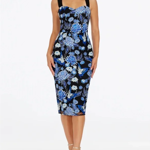 Imperfect NWT Dress the Population embroidered overlay blue floral medium dress - Picture 1 of 17